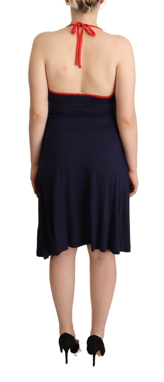 Roccobarocco Navy Blue Sleeveless Halter Sheath Midi Dress | Regal Royce