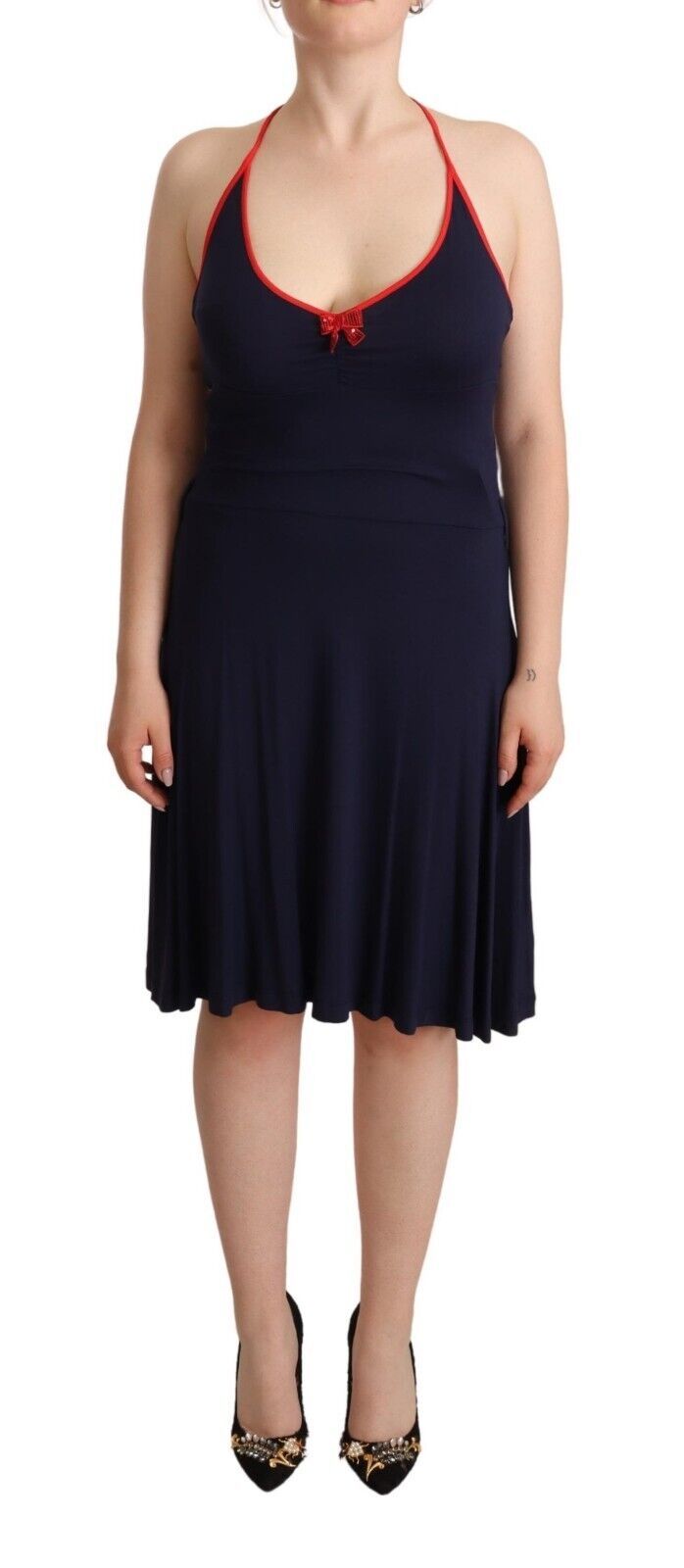 Roccobarocco Navy Blue Sleeveless Halter Sheath Midi Dress | Regal Royce