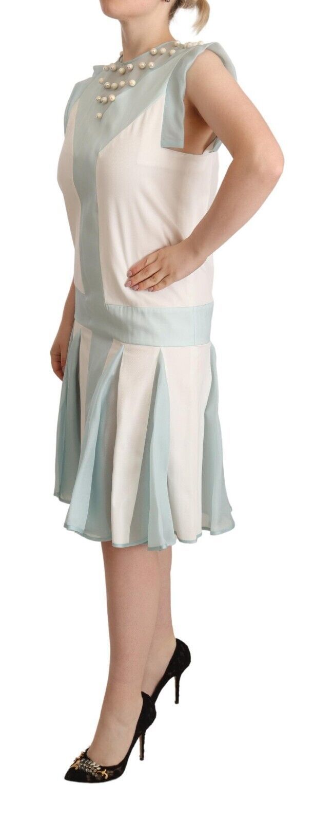 Sergei Grinko Multicolor Faux Pearl Sleeveless Shift Midi Dress | Regal Royce