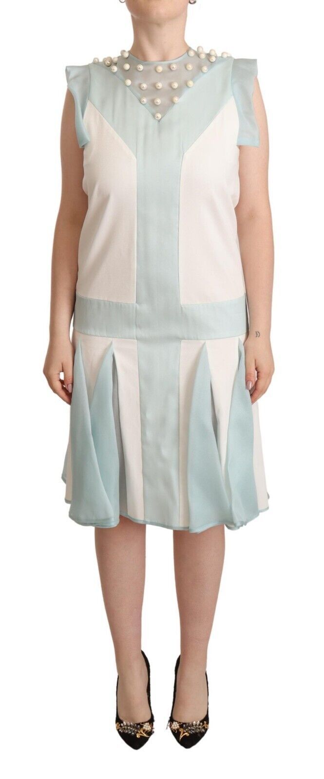 Sergei Grinko Multicolor Faux Pearl Sleeveless Shift Midi Dress | Regal Royce