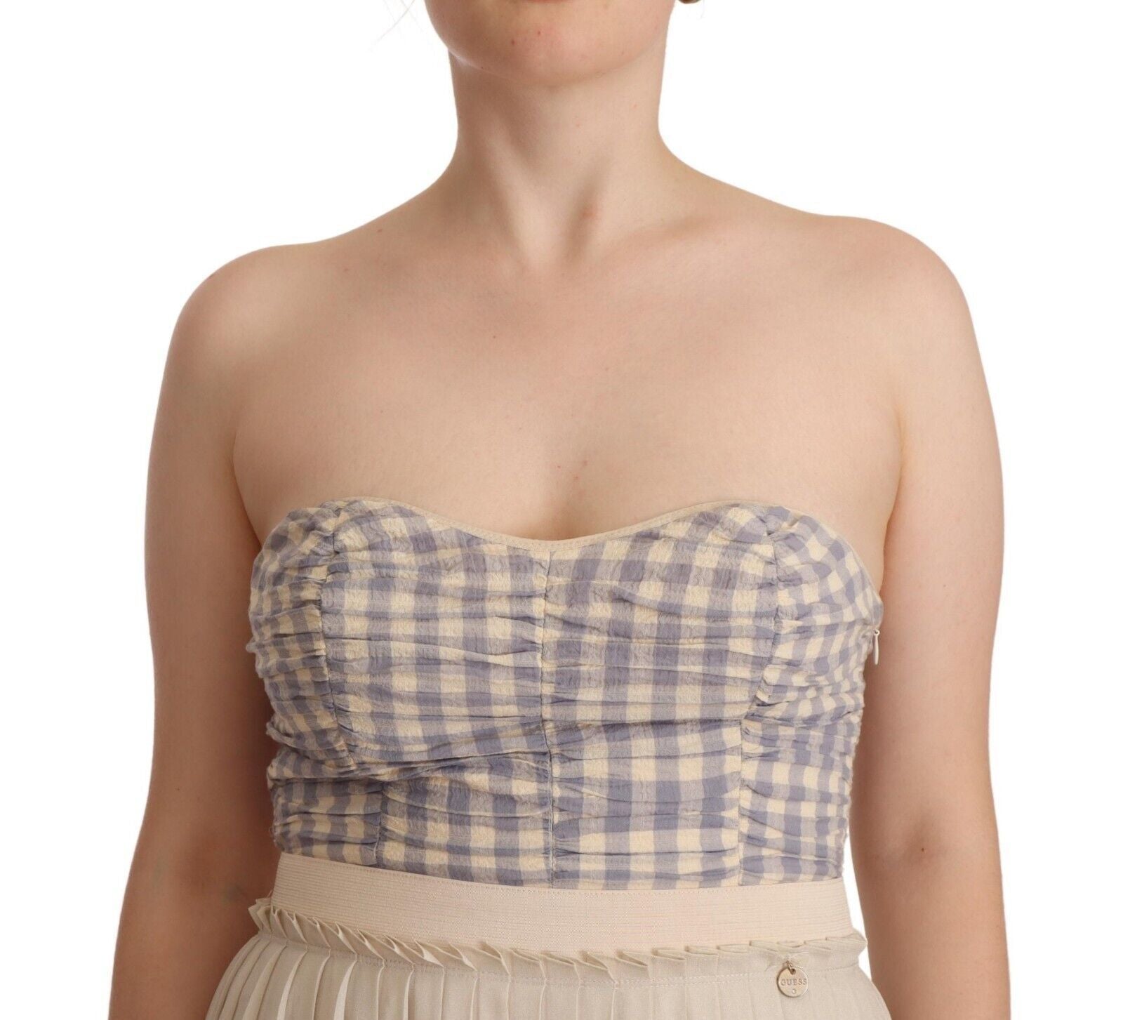 Guess Beige Checkered Pleated A-line Strapless Bustier Dress | Regal Royce