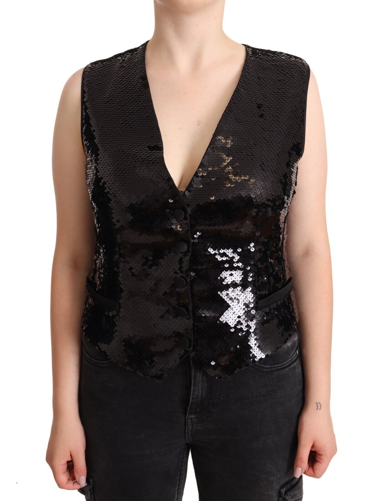 Dolce & Gabbana Black Sequin V-Neck Sleeveless Vest Tank Top | Regal Royce
