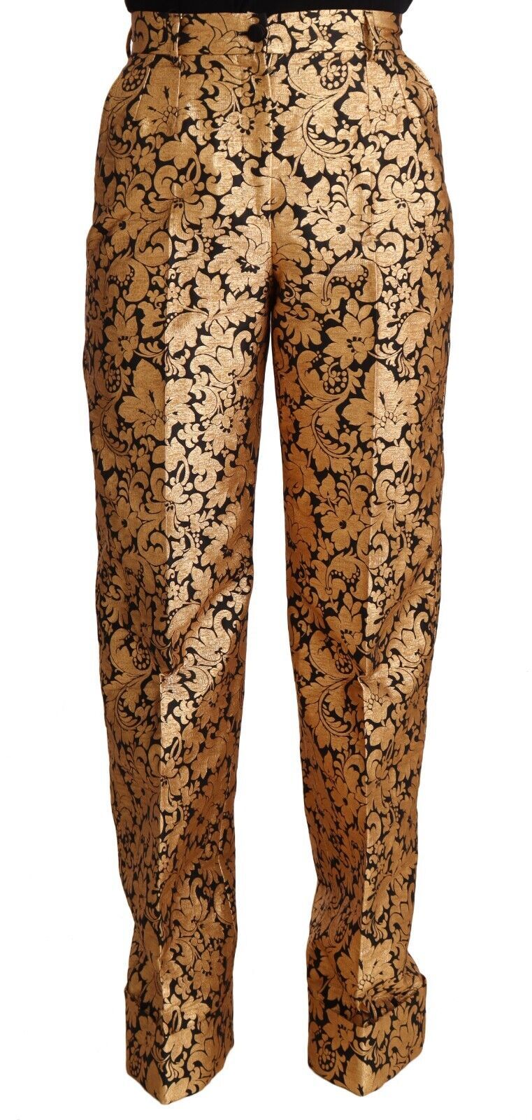 Dolce & Gabbana Gold Floral Jacquard Straight Polyester Pants | Regal Royce