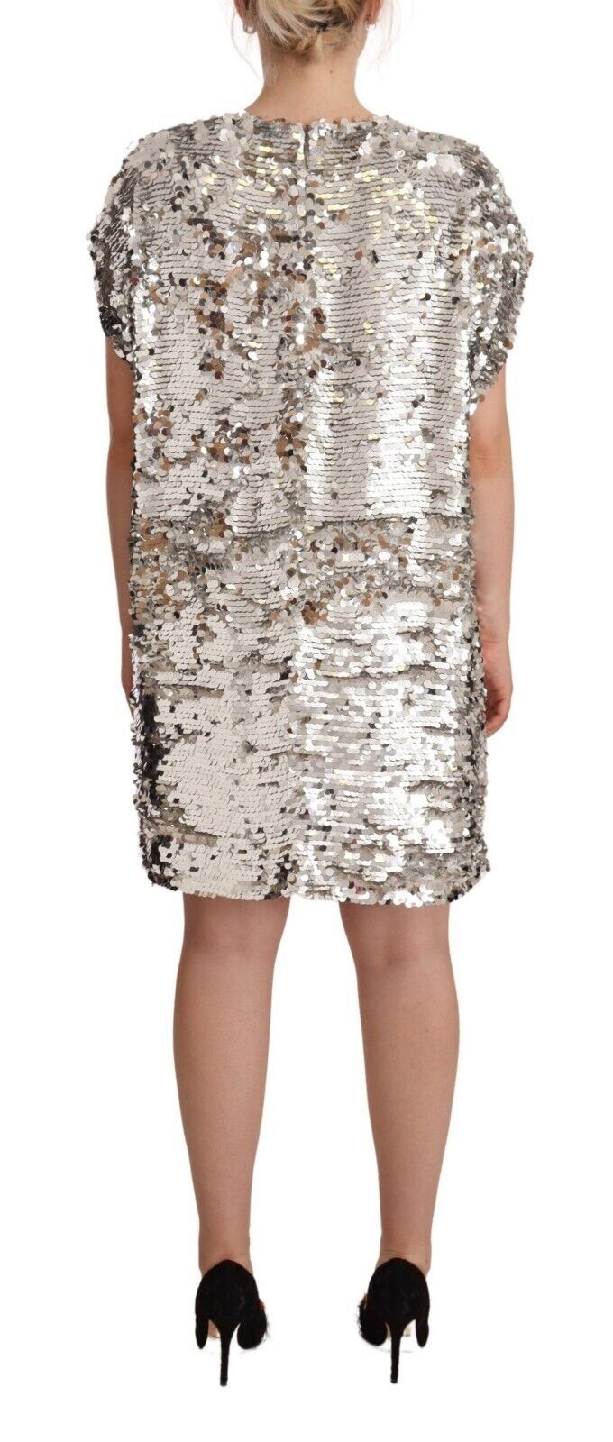 MSGM Silver Sequined Polyester Short Sleeves Shift Mini Dress | Regal Royce