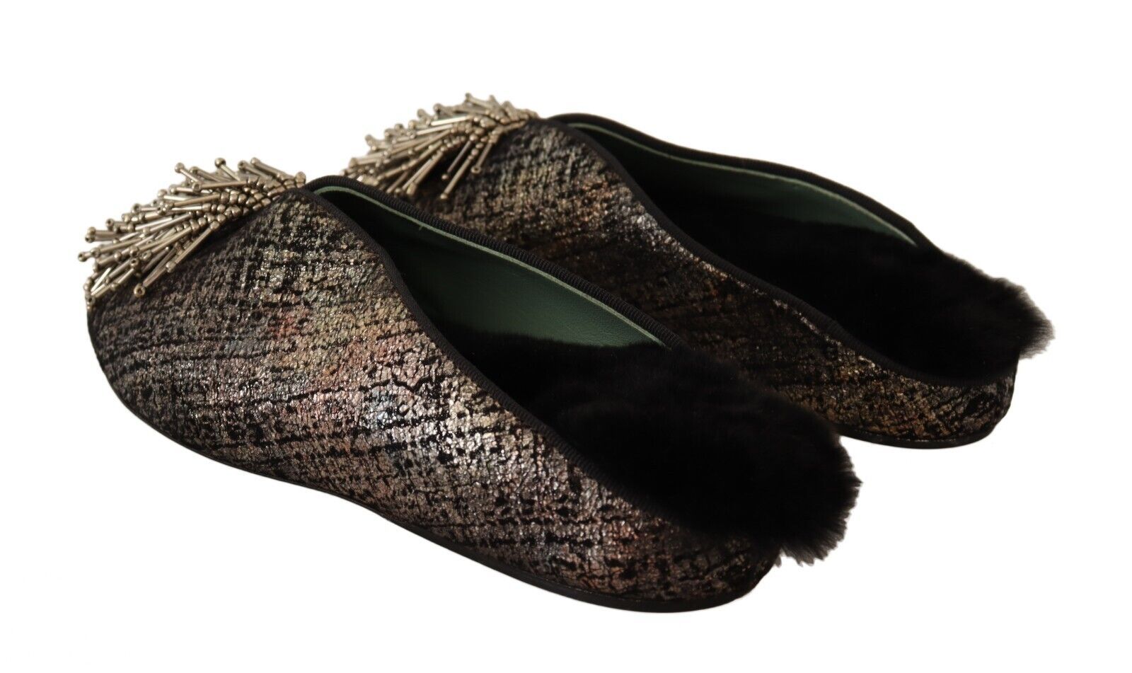 Paola D'Arcano Gold Jacquard Leather Embellished Slip On Shoes | Regal Royce