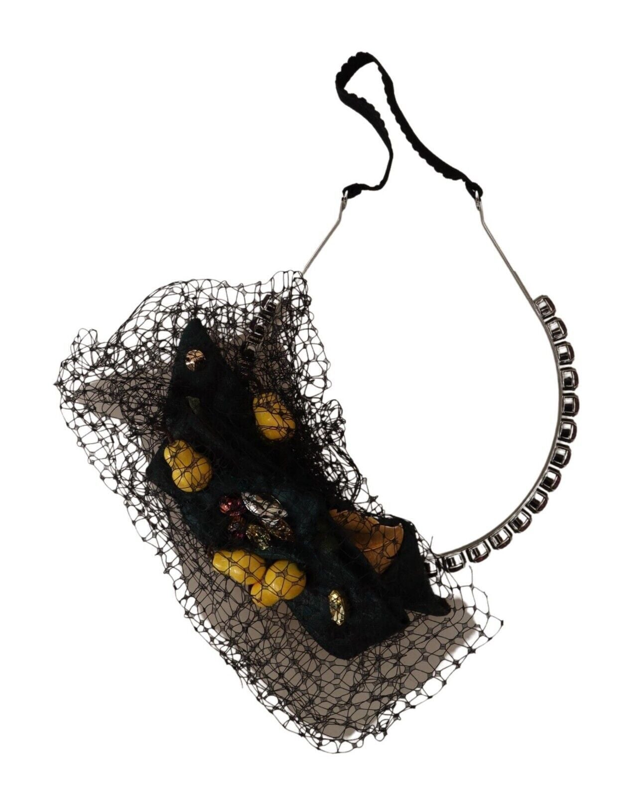 Dolce & Gabbana Silver Tiara Crystals Fruits Black Mesh Diadem Headband | Regal Royce