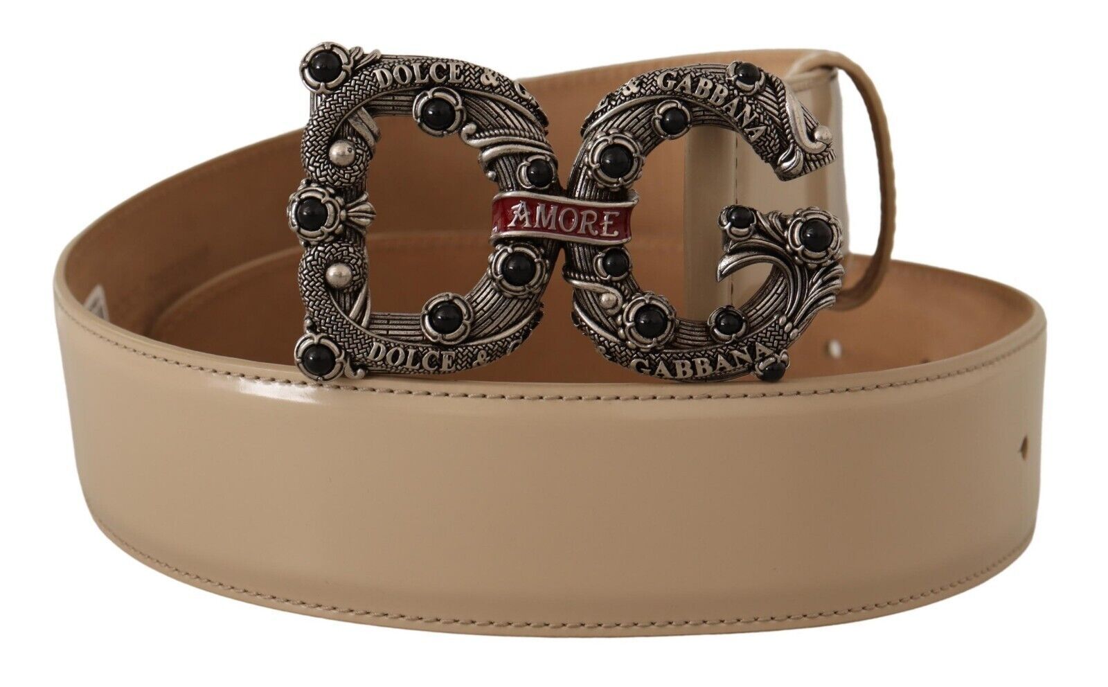 Dolce & Gabbana Beige Leather Silver Logo Buckle Amore Belt | Regal Royce