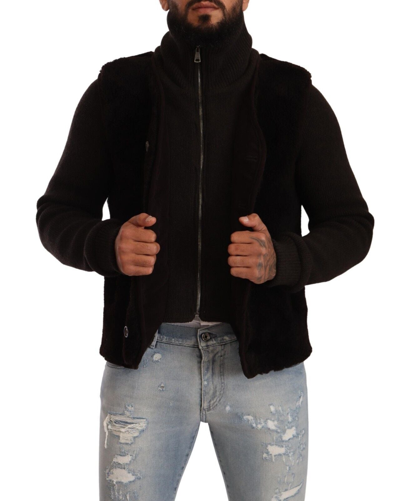 Dolce & Gabbana Black Leather Mens Turtle Neck Coat Jacket | Regal Royce