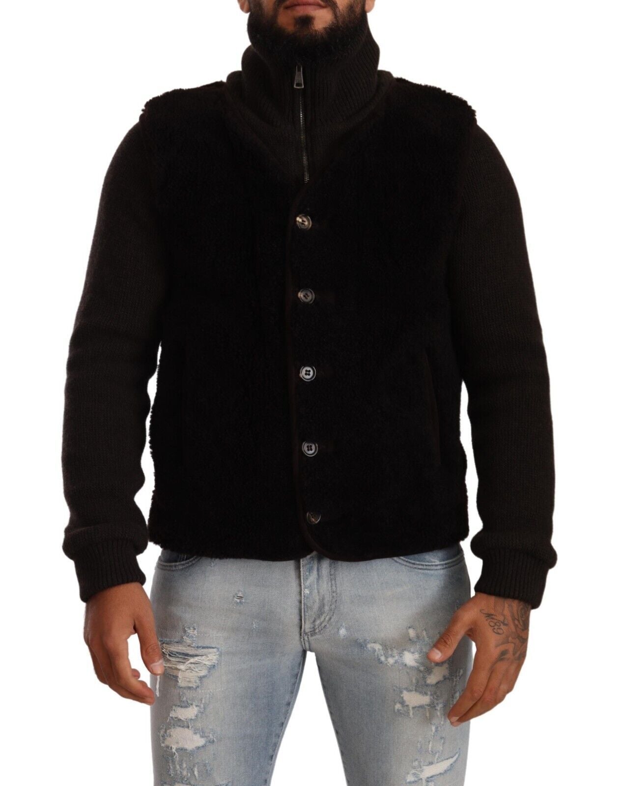 Dolce & Gabbana Black Leather Mens Turtle Neck Coat Jacket | Regal Royce