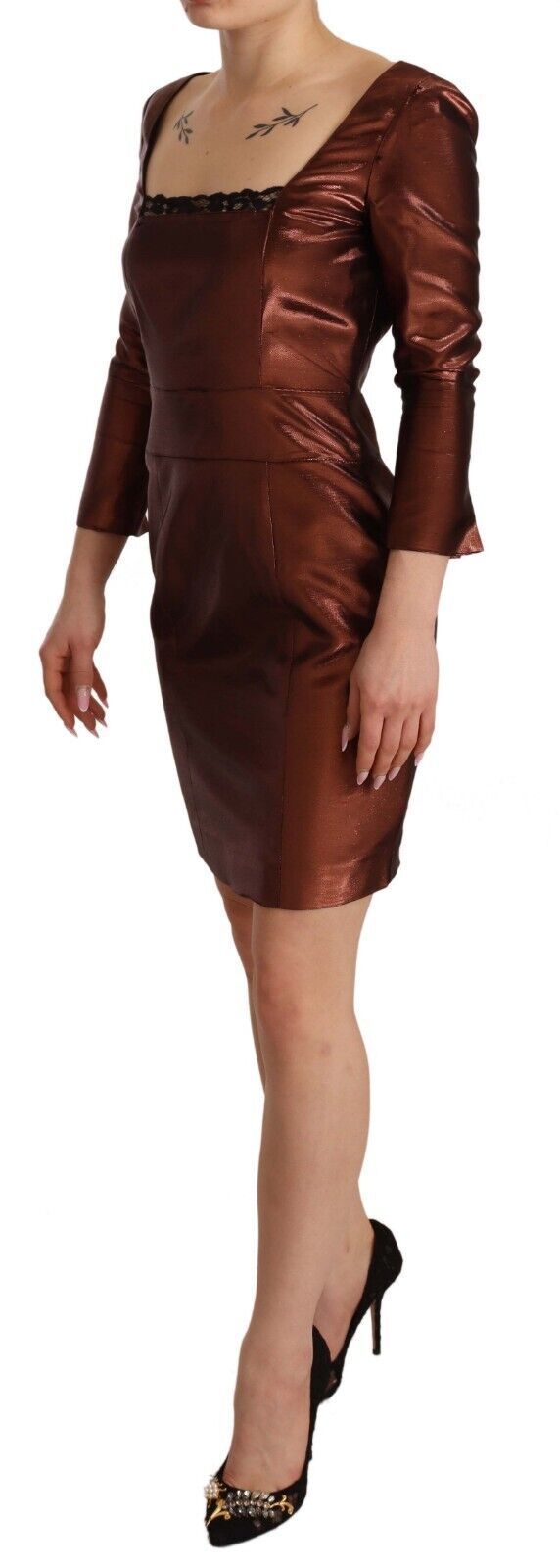 GF Ferre Metallic Brown Long Sleeves Square Neck Sheath Dress | Regal Royce