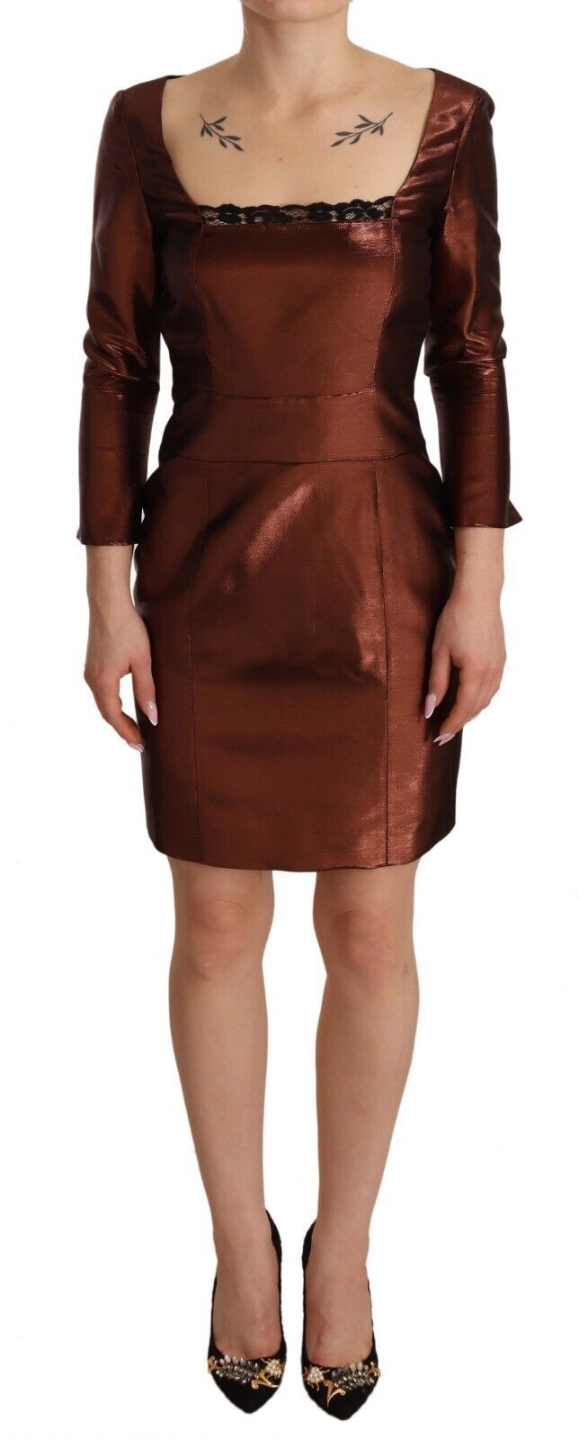 GF Ferre Metallic Brown Long Sleeves Square Neck Sheath Dress | Regal Royce