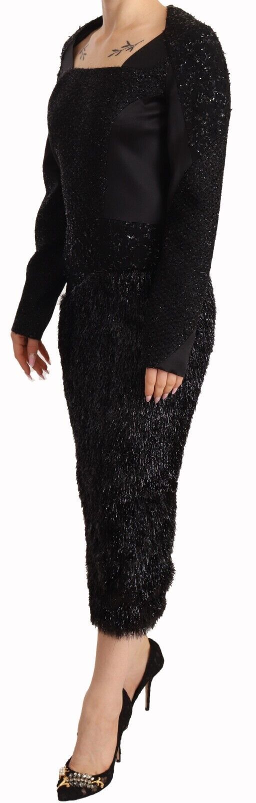 Masha Ma Black Studs Embellished Long Sleeves Sheath Midi Dress | Regal Royce