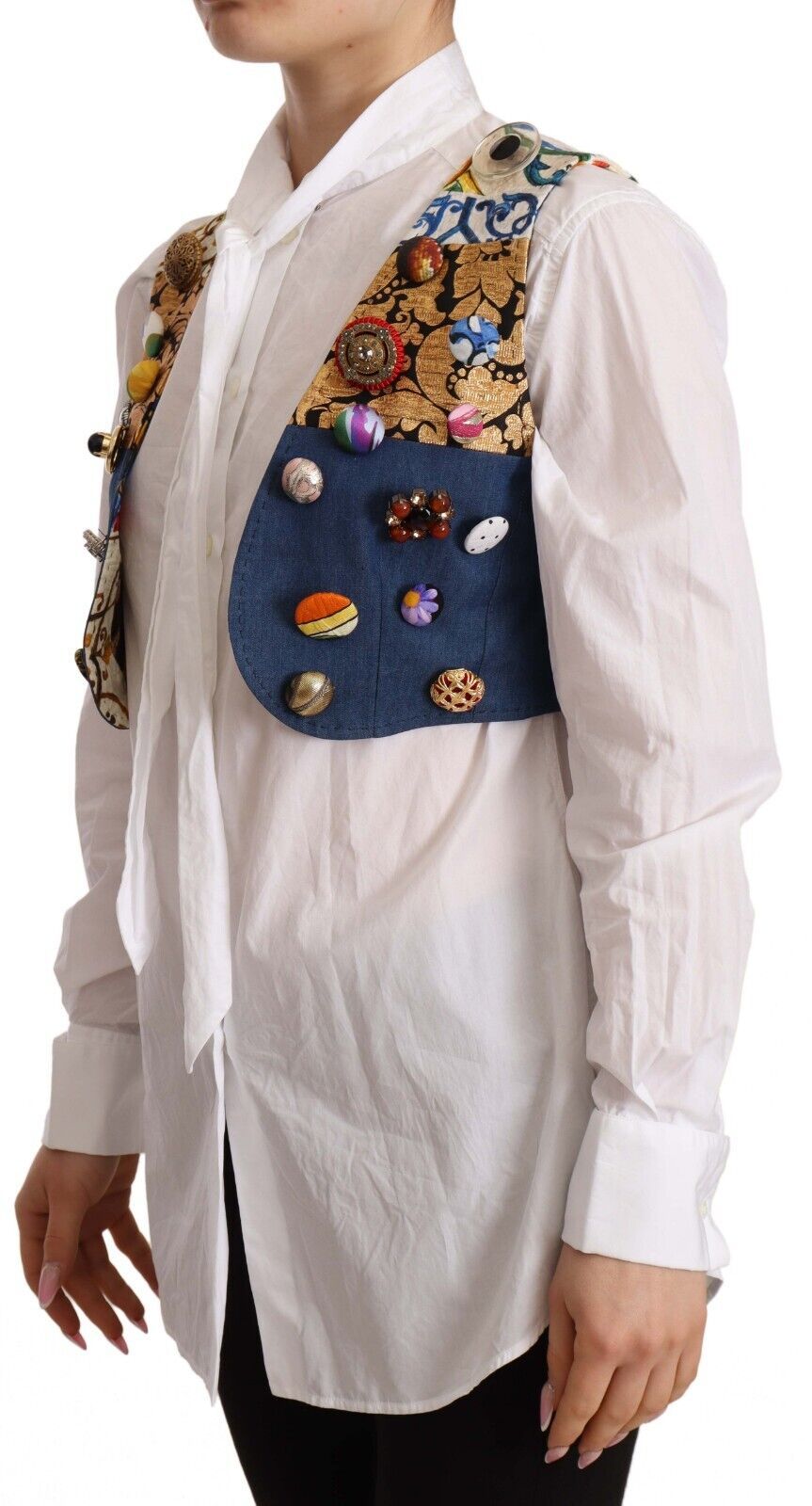 Dolce & Gabbana Multicolor Embellished Waist Coat Cotton Top | Regal Royce