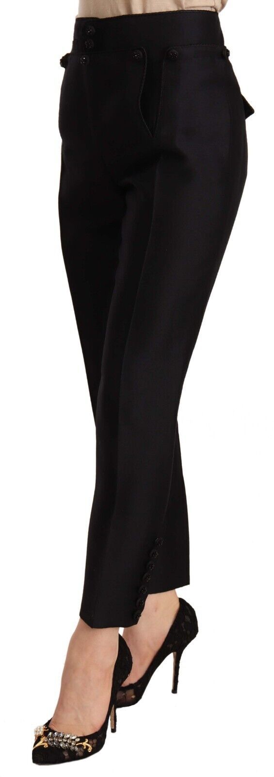 Dsquared² Black Button Embellished Cropped High Waist Pants | Regal Royce