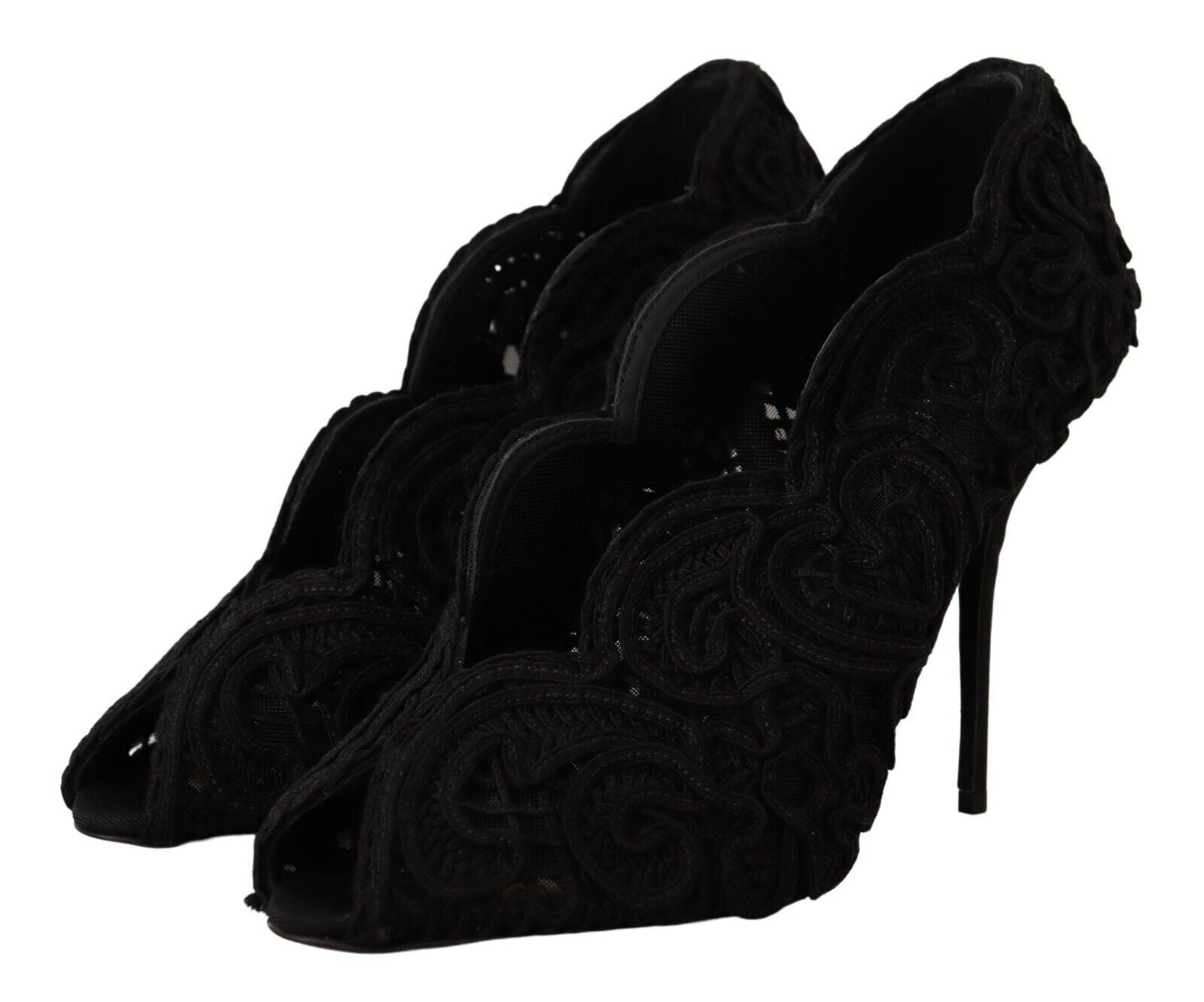 Dolce & Gabbana Black Cordonetto Ricamo Pump Open Toe Shoes | Regal Royce