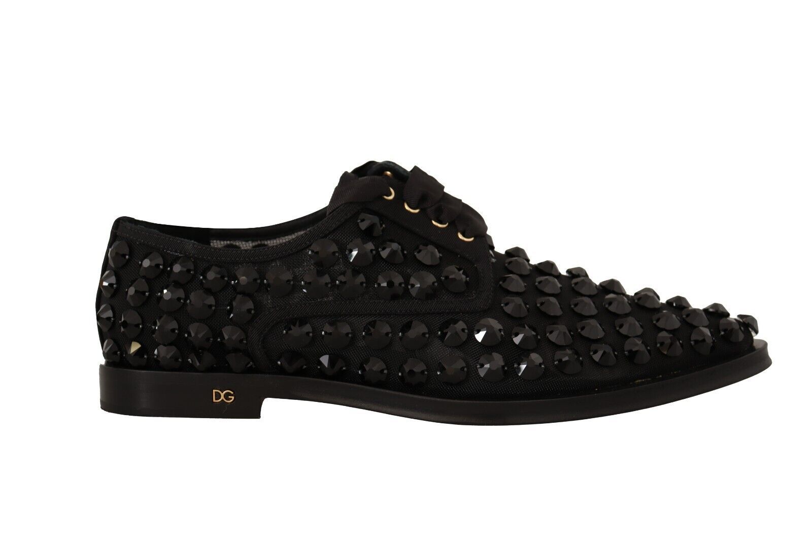 Dolce & Gabbana Black Lace Up Studded Formal Flats Shoes | Regal Royce