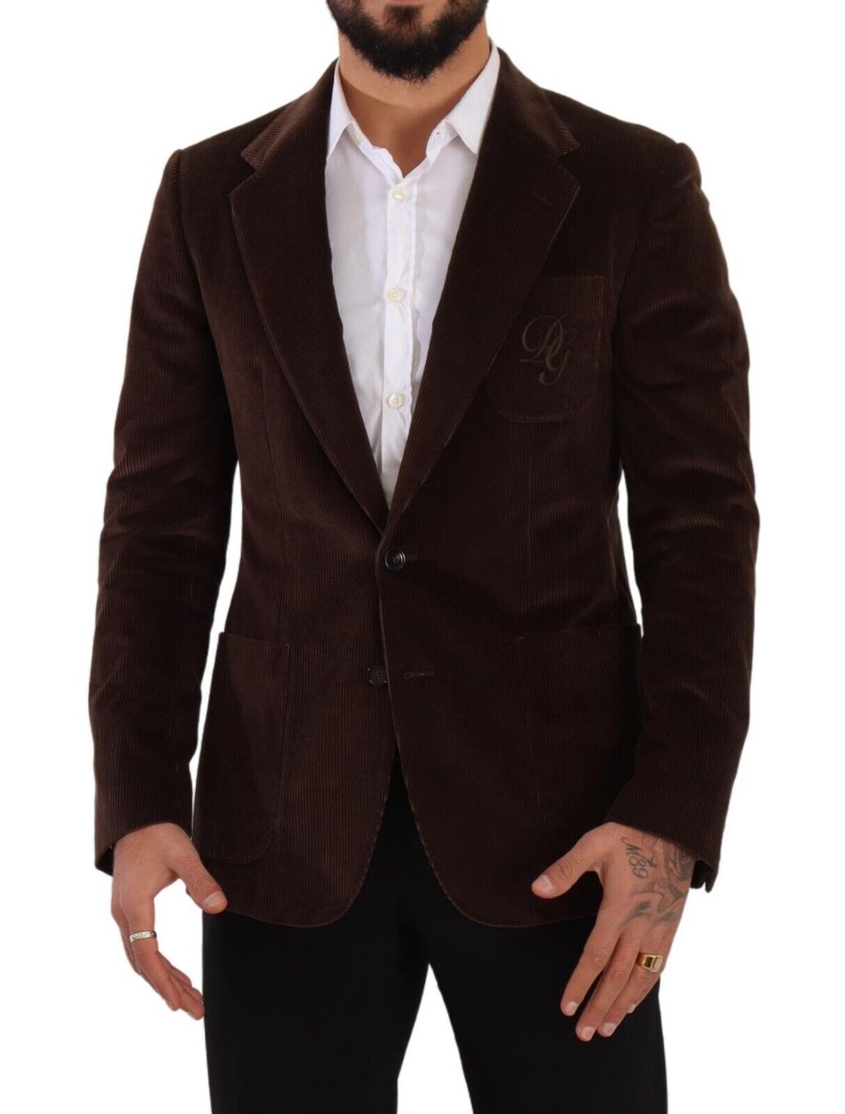 Dolce & Gabbana Brown Corduroy Slim Fit Coat DG Logo Blazer | Regal Royce