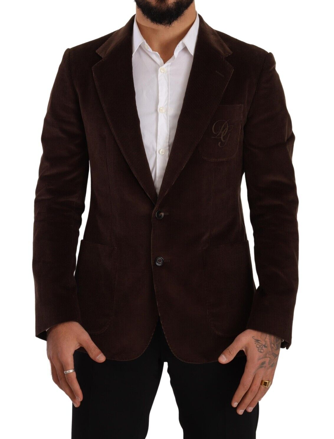 Dolce & Gabbana Brown Corduroy Slim Fit Coat DG Logo Blazer | Regal Royce