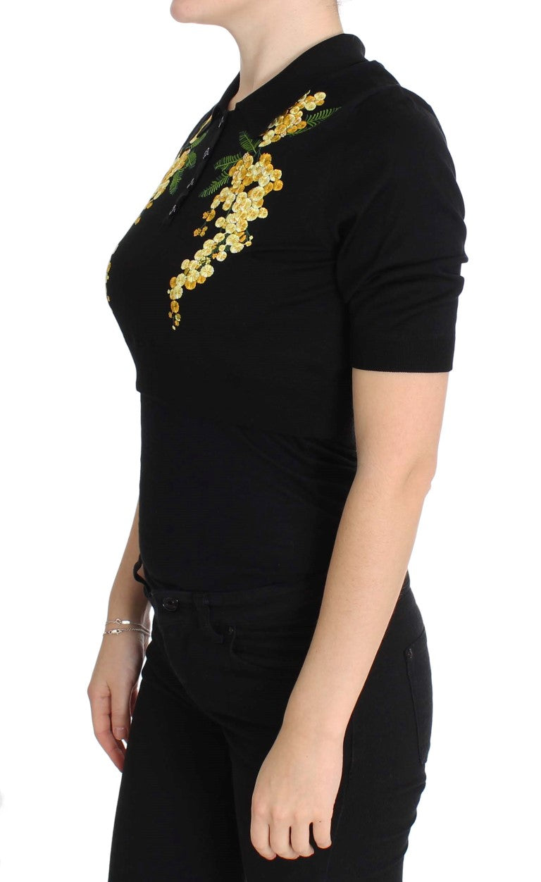 Dolce & Gabbana Black Silk Floral Embroidered Polo Top | Regal Royce