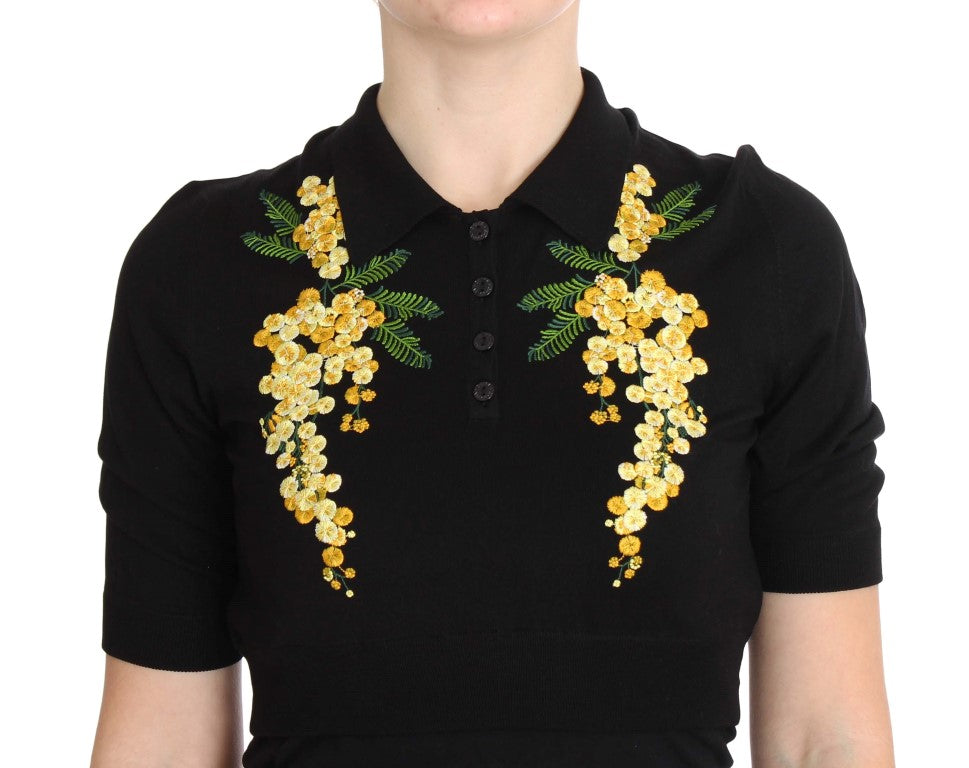 Dolce & Gabbana Black Silk Floral Embroidered Polo Top | Regal Royce