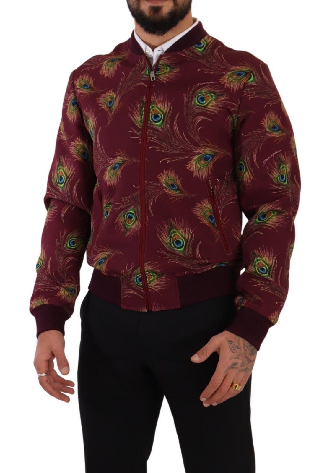 Dolce & Gabbana Red Peacock Polyester Stretch Full Zip Jacket | Regal Royce