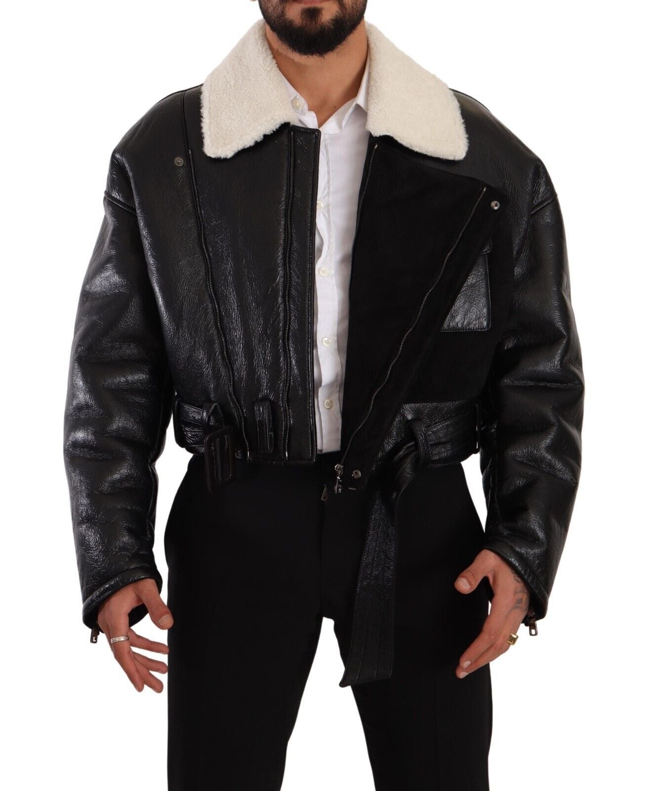 Dolce & Gabbana Black Leather Shearling Biker Coat Jacket | Regal Royce