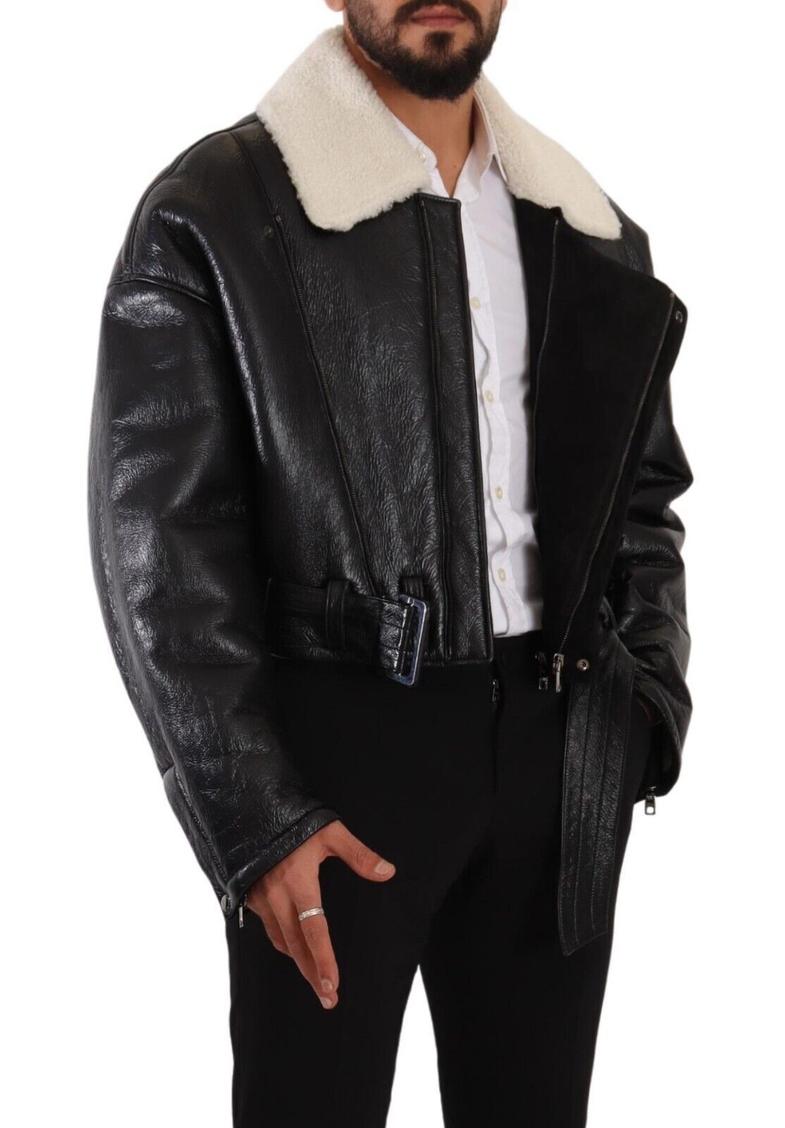 Dolce & Gabbana Black Leather Shearling Biker Coat Jacket | Regal Royce