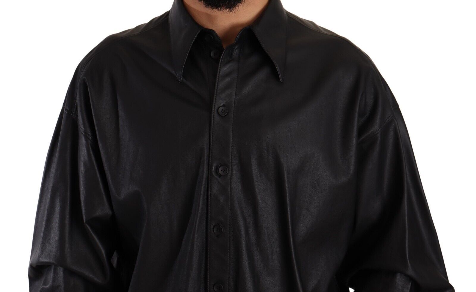 Dolce & Gabbana Black Leather Button Down Men Collared Jacket | Regal Royce