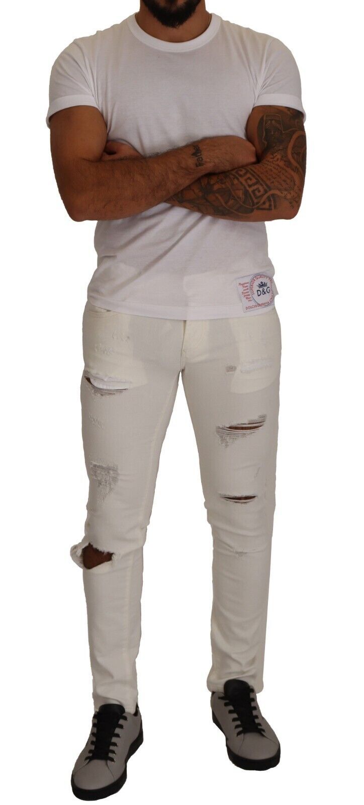 Dolce & Gabbana White Tattered Skinny Cotton Men Denim Jeans | Regal Royce