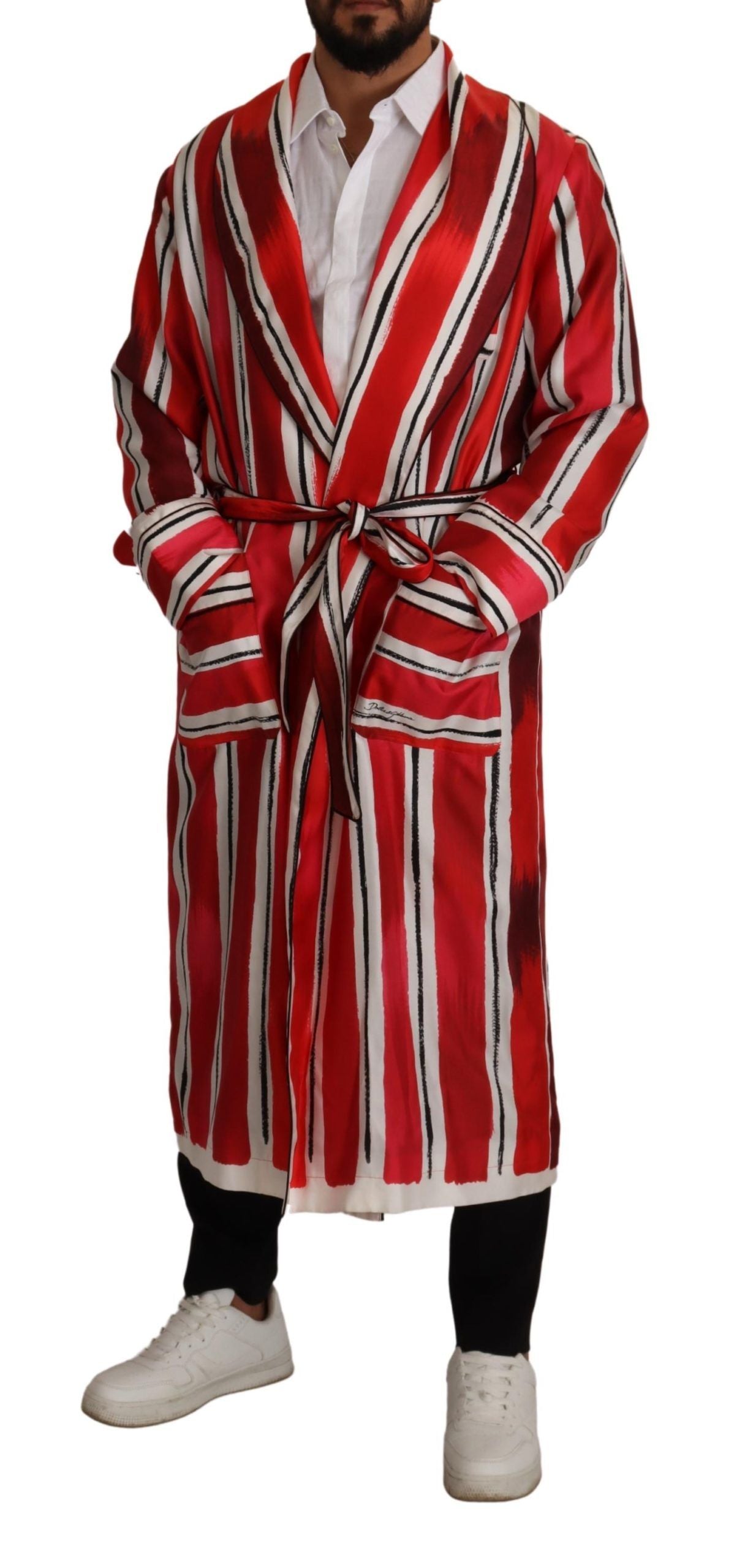 Dolce & Gabbana Red White Striped Silk Mens Night Gown Robe | Regal Royce
