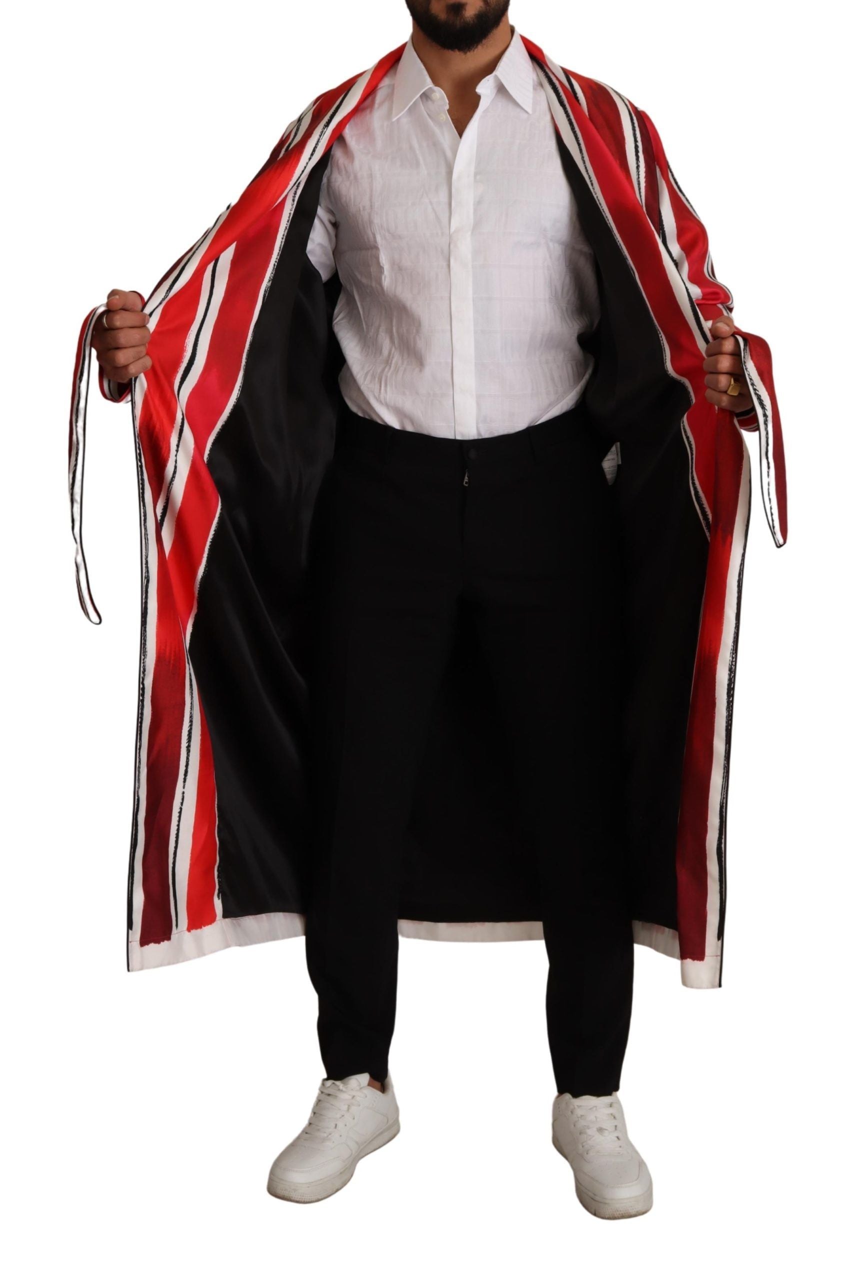 Dolce & Gabbana Red White Striped Silk Mens Night Gown Robe | Regal Royce