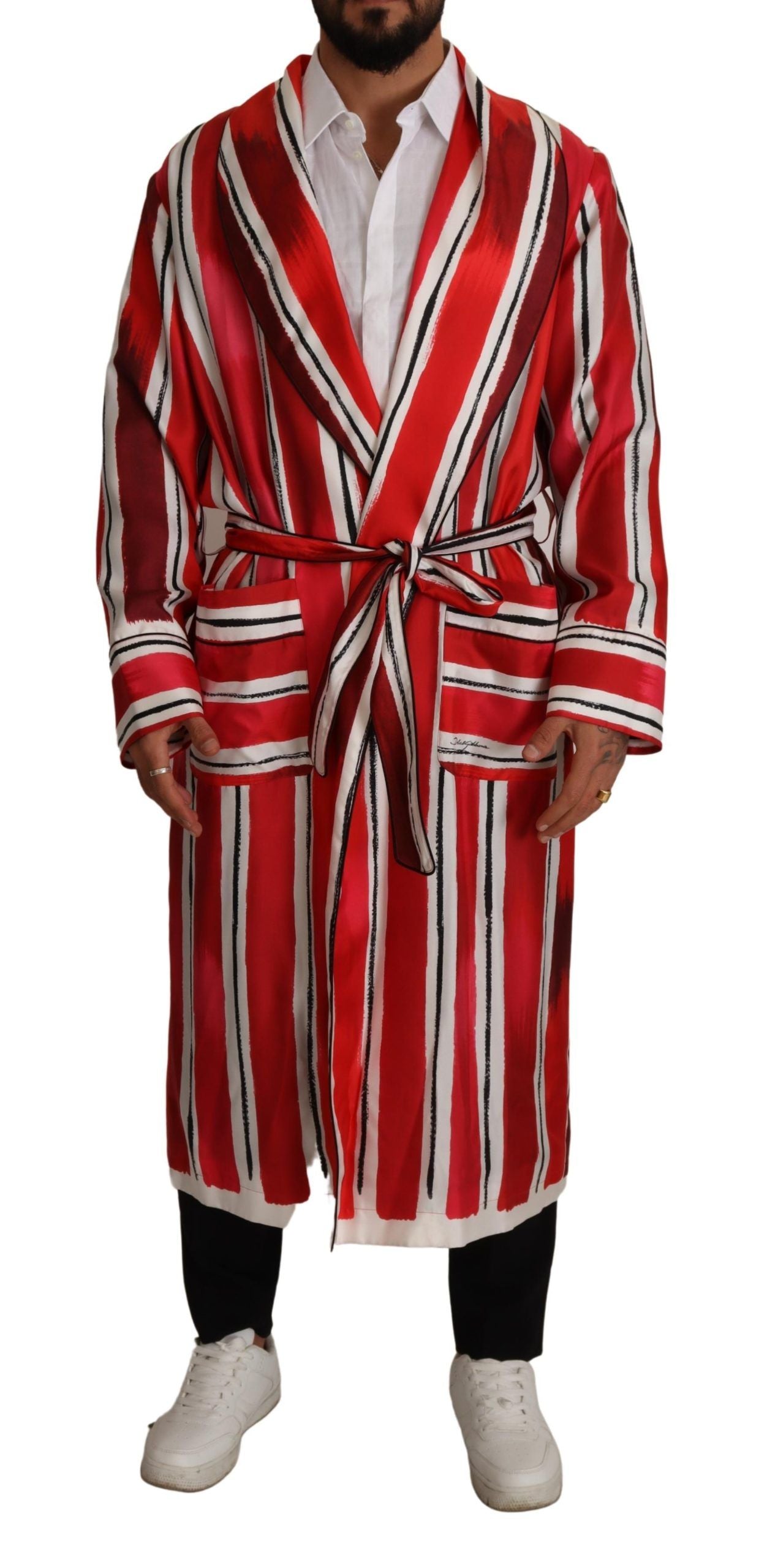 Dolce & Gabbana Red White Striped Silk Mens Night Gown Robe | Regal Royce