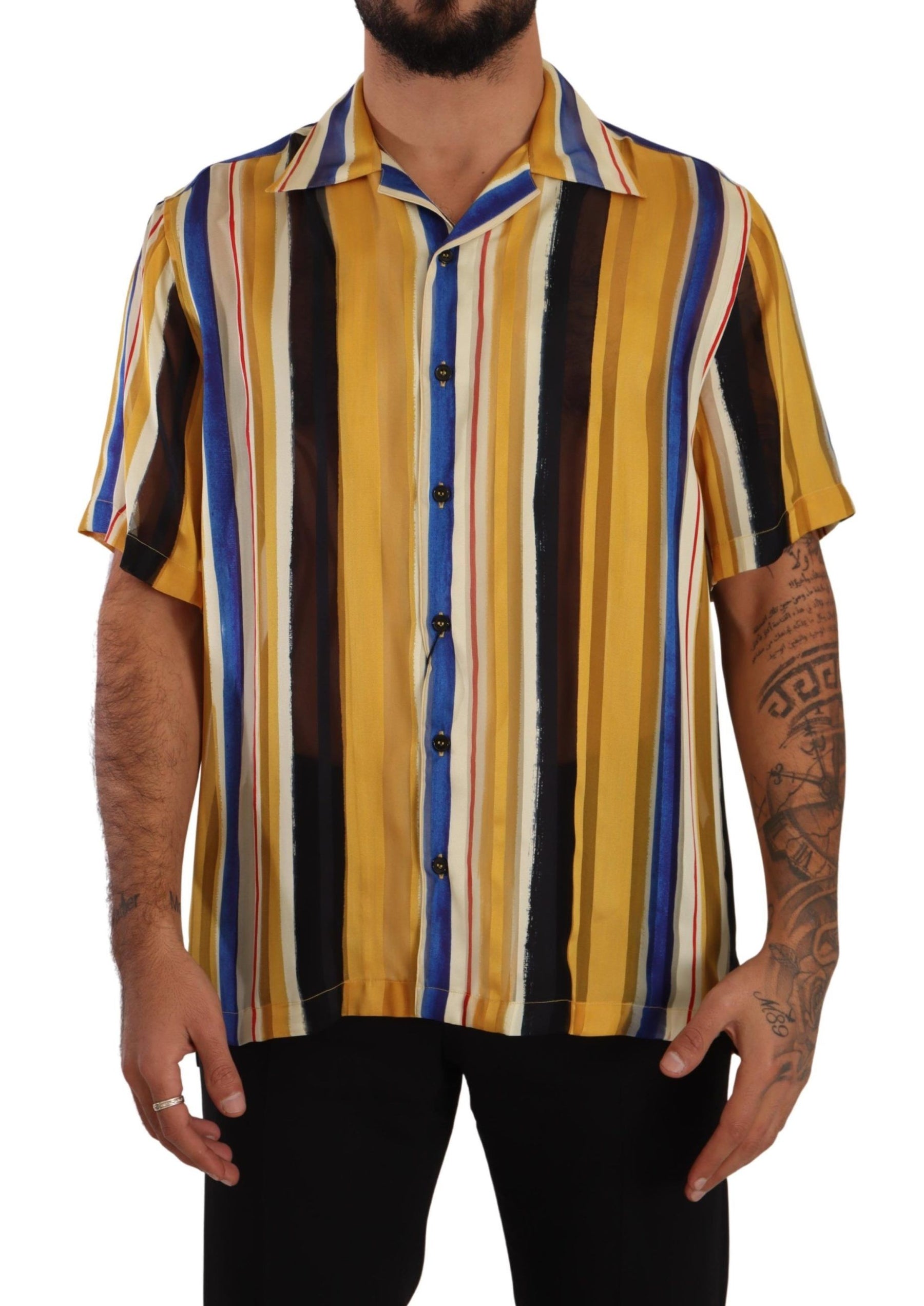 Dolce & Gabbana Yellow Striped Short Sleeve Silk Shirt | Regal Royce