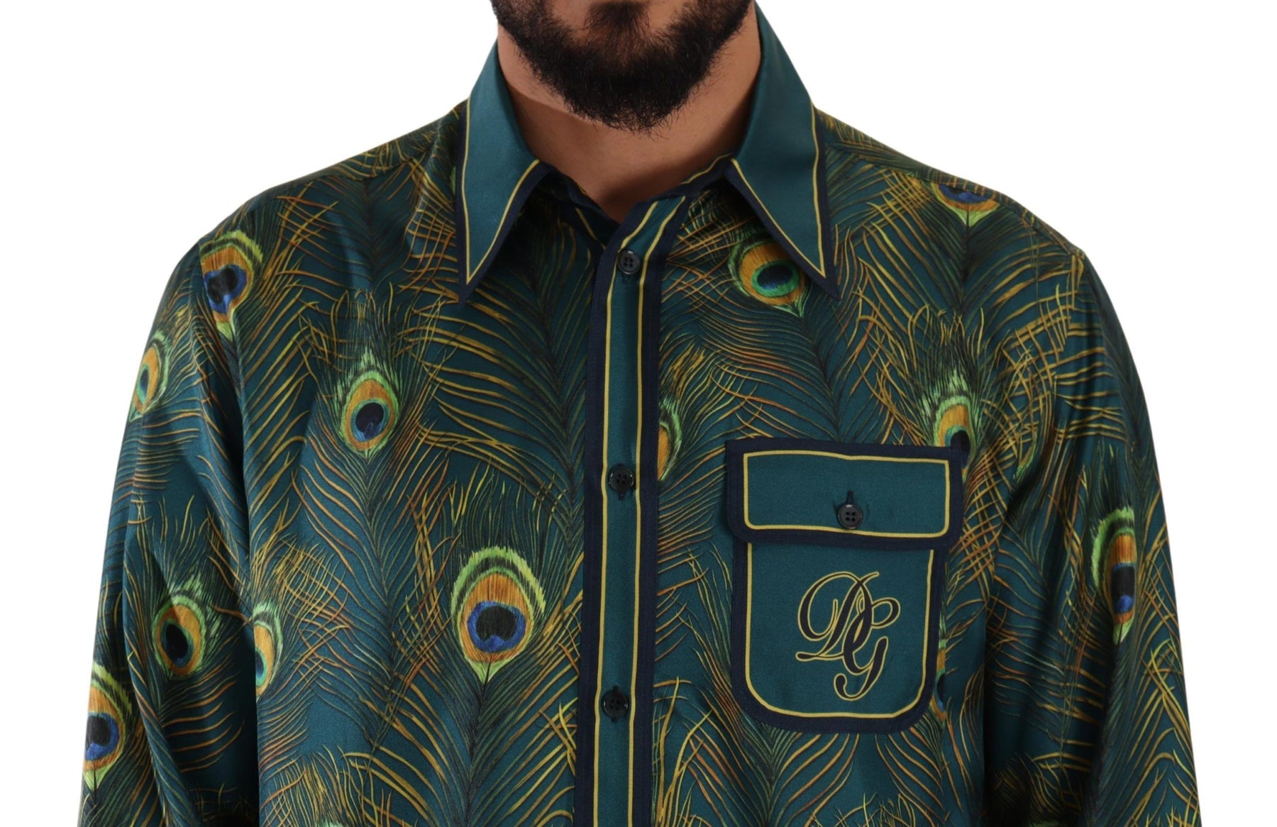 Dolce & Gabbana Peacock Feather Print Silk Pajama Mens Shirt | Regal Royce