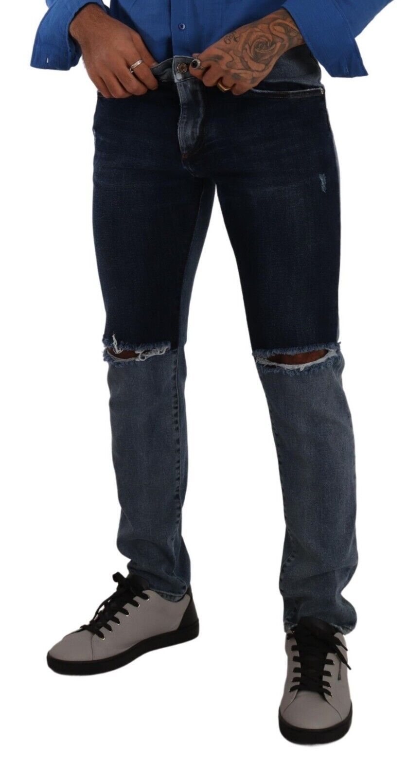 Dolce & Gabbana Blue Two Tone Tattered Cotton Slim Denim Jeans | Regal Royce