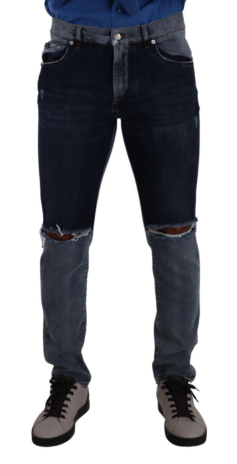 Dolce & Gabbana Blue Two Tone Tattered Cotton Slim Denim Jeans | Regal Royce
