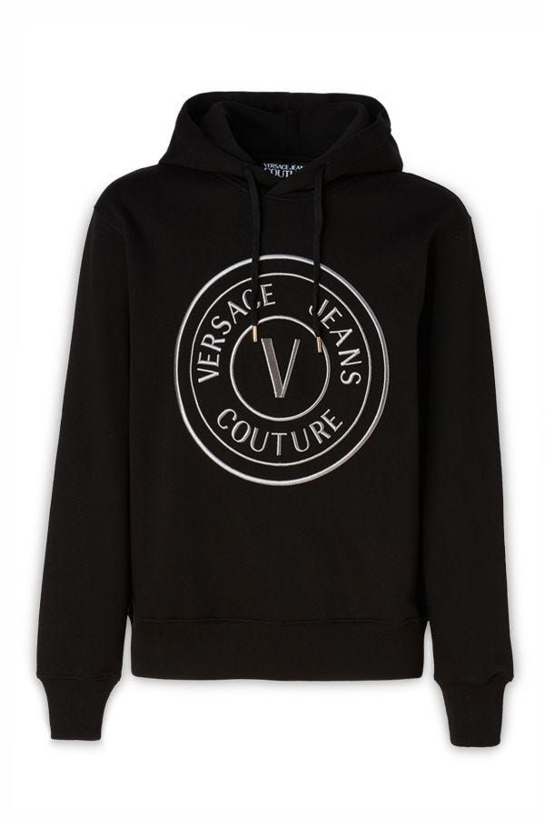 Versace Jeans Black Cotton Logo Details Hooded Sweatshirt | Regal Royce