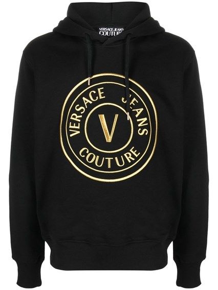 Versace Jeans Black Cotton Logo Details Hooded Sweatshirt | Regal Royce