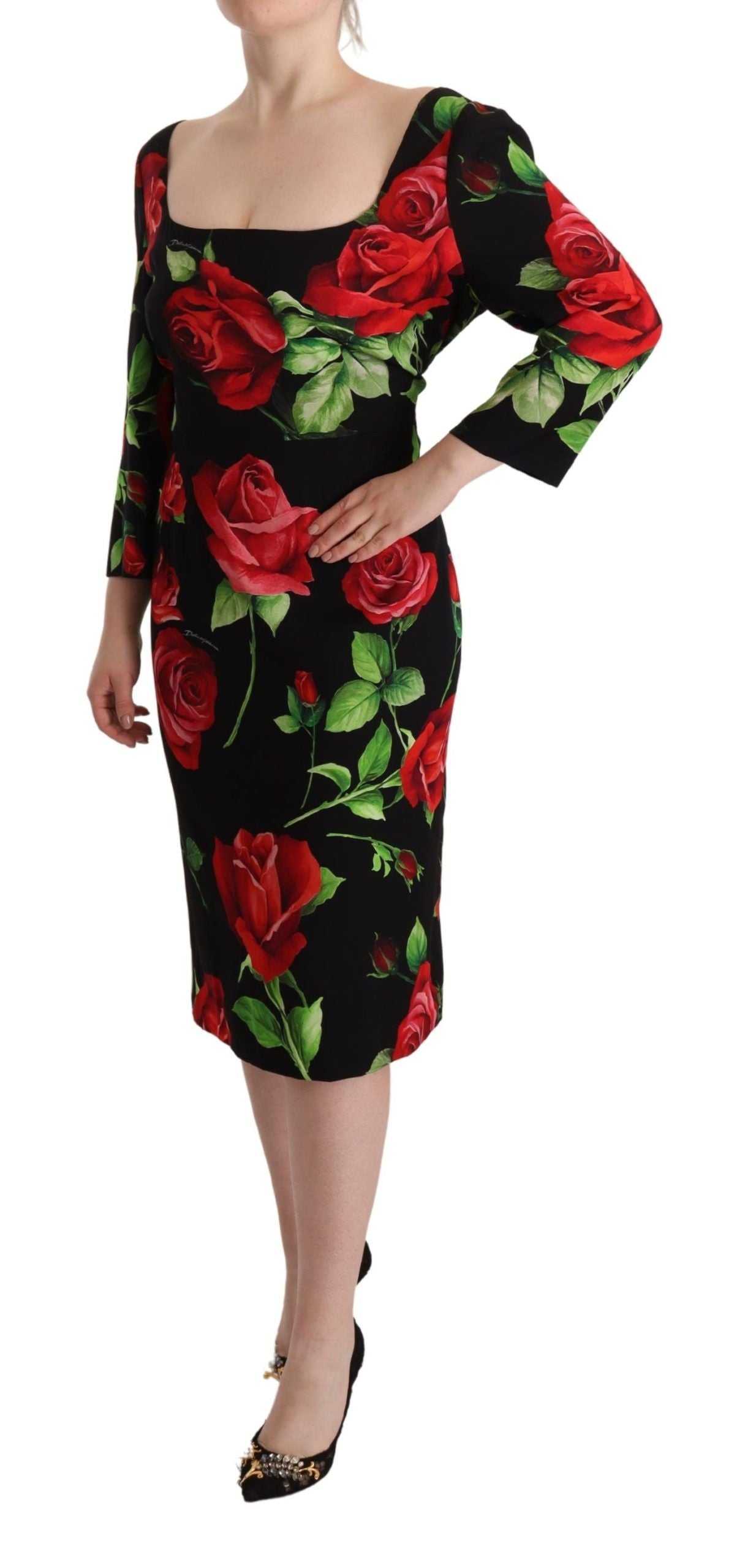 Dolce & Gabbana Black Red Roses Sheath Stretch Silk Dress | Regal Royce