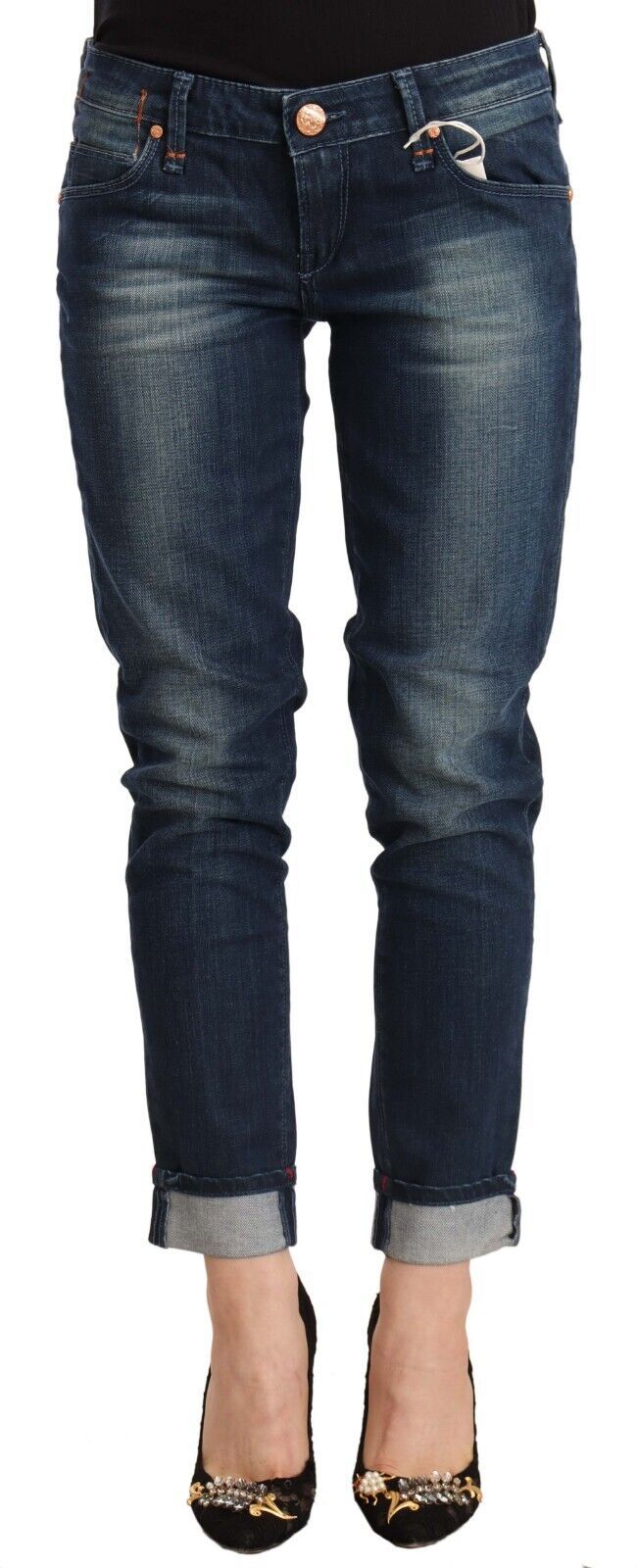 Acht Blue Washed Low Waist Skinny Denim Folded Hem Jeans | Regal Royce