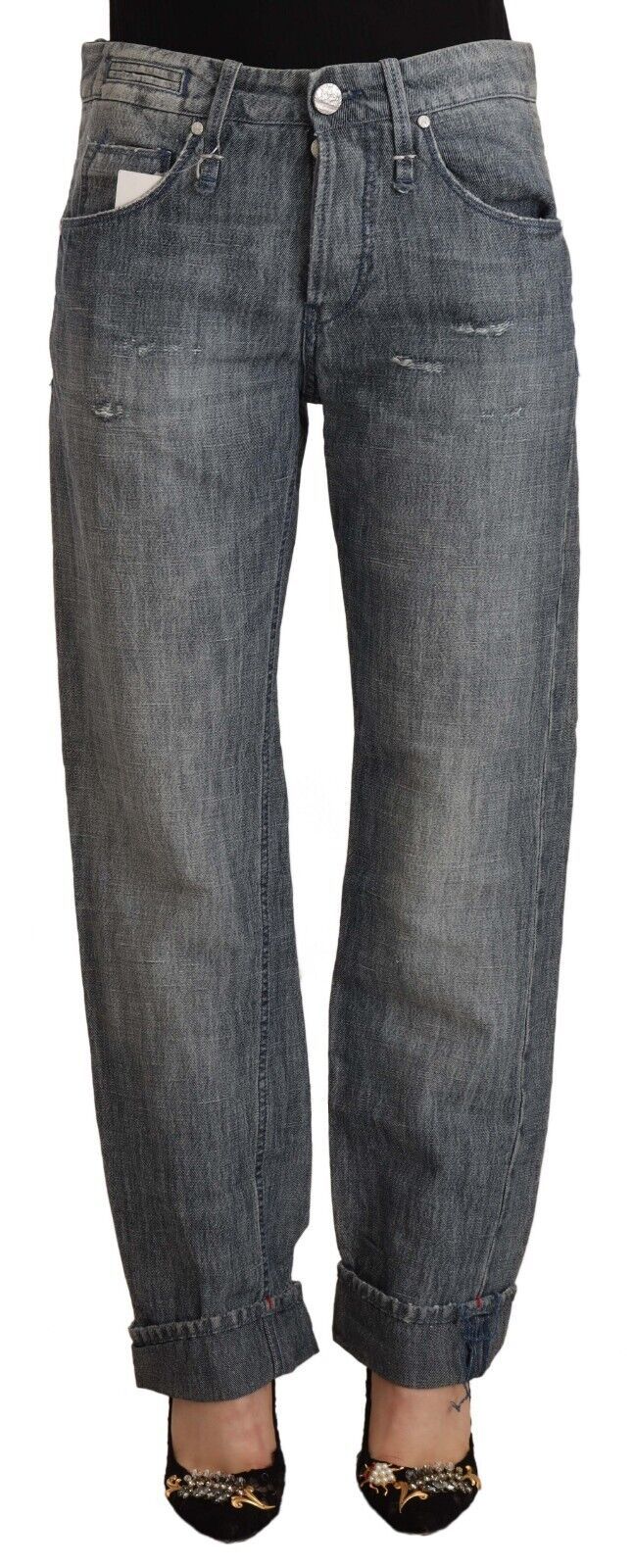Acht Gray Washed Mid Waist Straight Denim Folded Hem Jeans | Regal Royce
