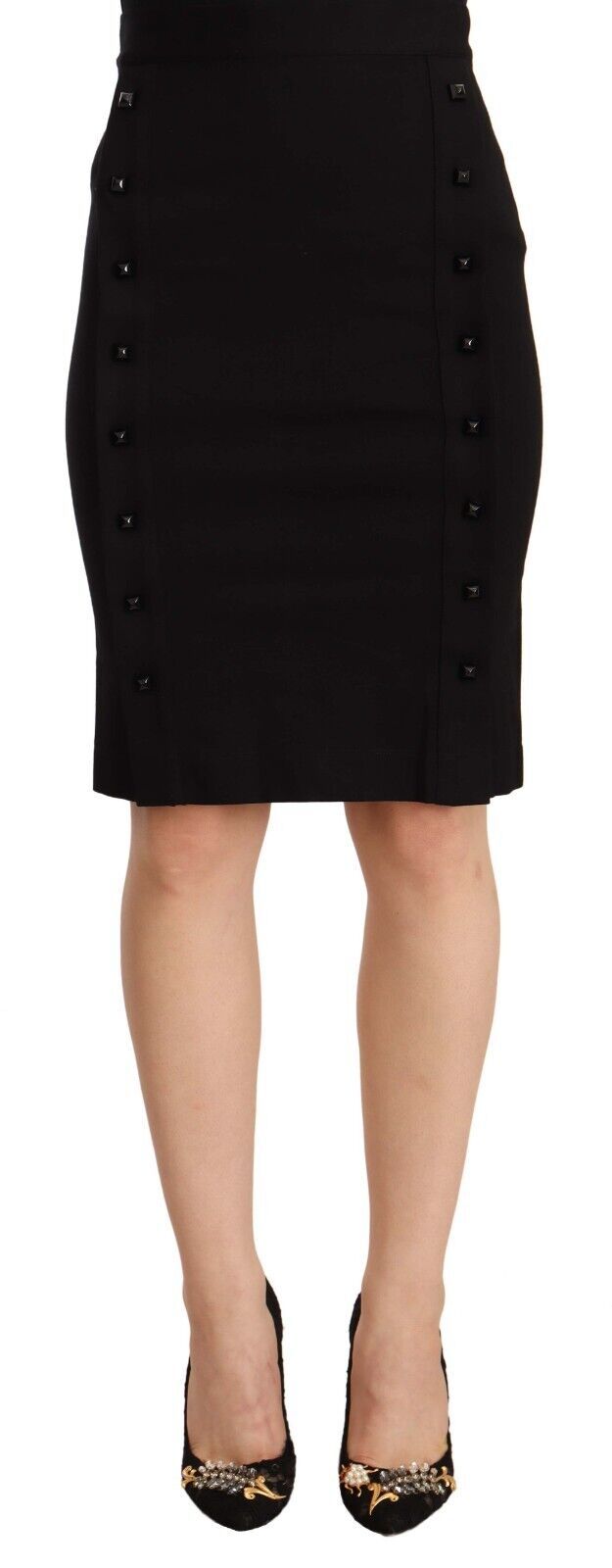 GF Ferre Black High Waist Viscose Knee Length Pencil Cut Skirt | Regal Royce