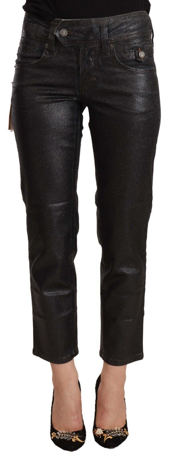 John Galliano Black Glittered Mid Waist Cotton Cropped Pants | Regal Royce
