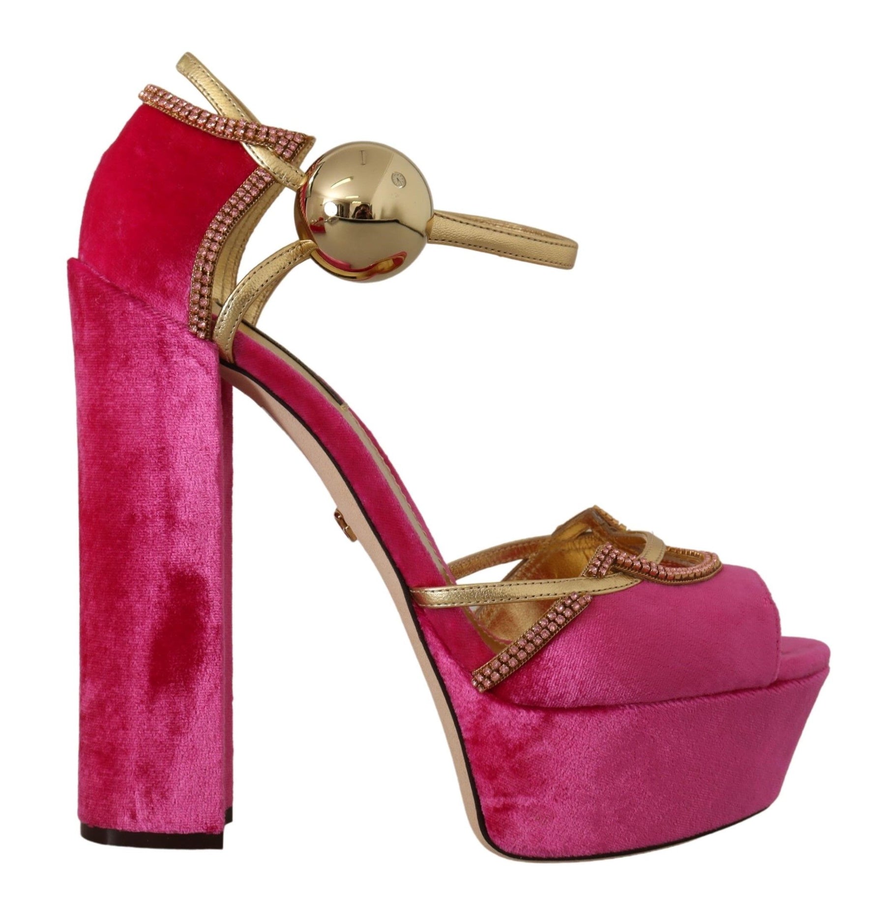 Dolce & Gabbana Pink Velvet Crystal Ankle Strap Sandals Shoes | Regal Royce