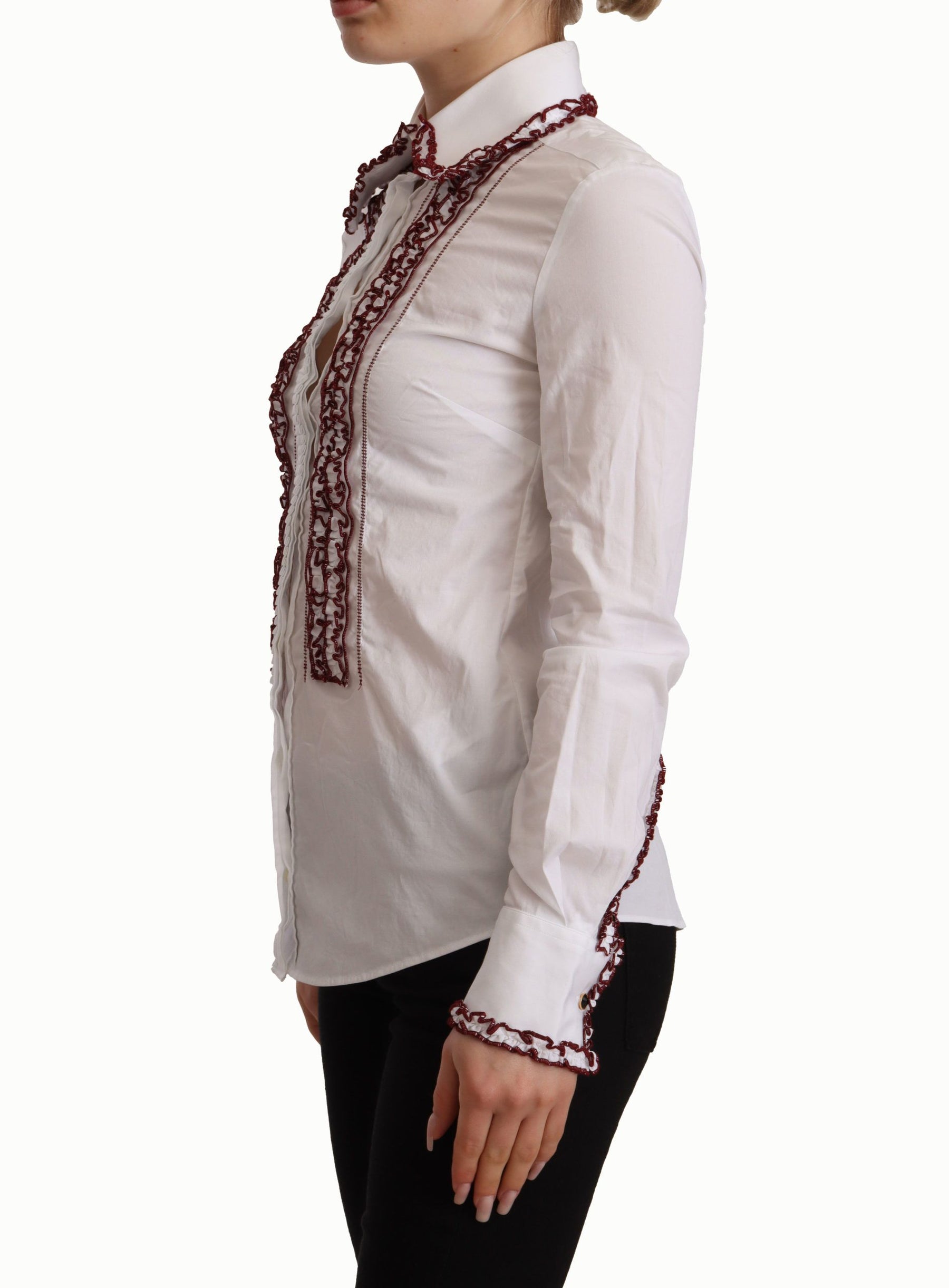 Dolce & Gabbana White Cotton Lace Long Sleeves Ruffle Collar Top Shirt | Regal Royce