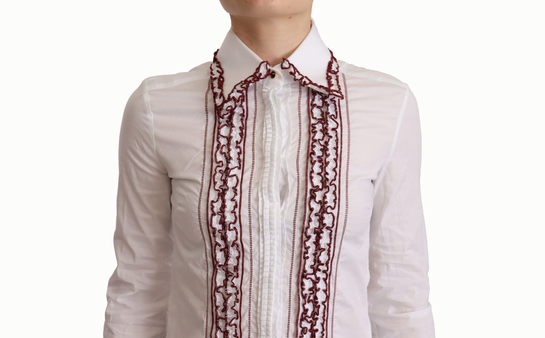 Dolce & Gabbana White Cotton Lace Long Sleeves Ruffle Collar Top Shirt | Regal Royce