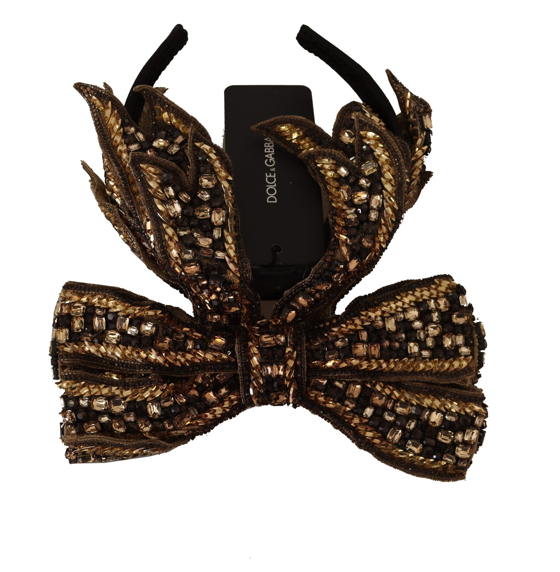 Dolce & Gabbana Gold Crystal Beaded Sequined Silk Bow Headband Diadem | Regal Royce