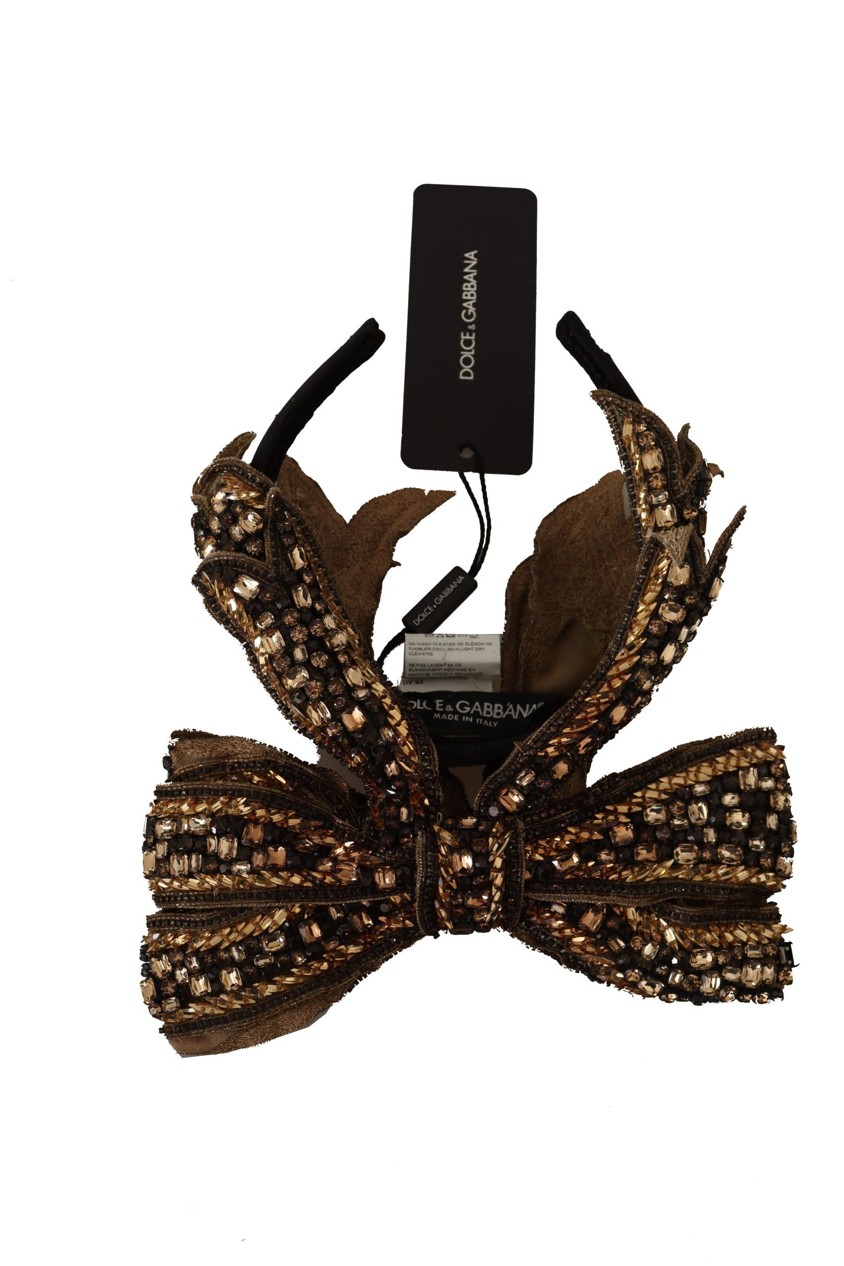 Dolce & Gabbana Gold Crystal Beaded Sequined Silk Bow Headband Diadem | Regal Royce