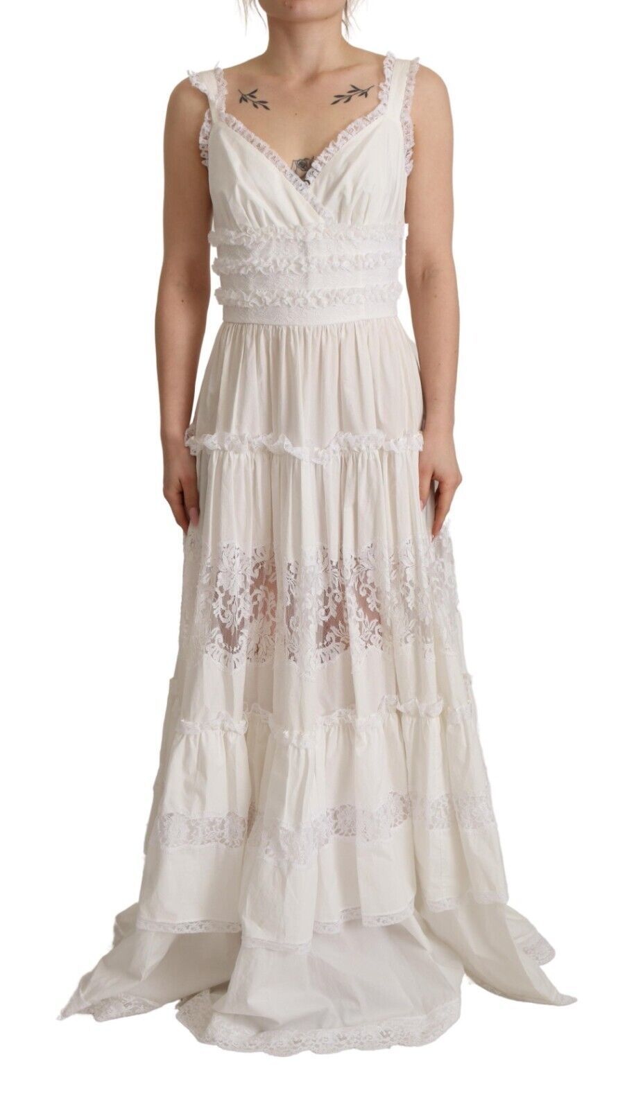 Dolce & Gabbana White Cotton Tiered Long Maxi A-line Dress | Regal Royce