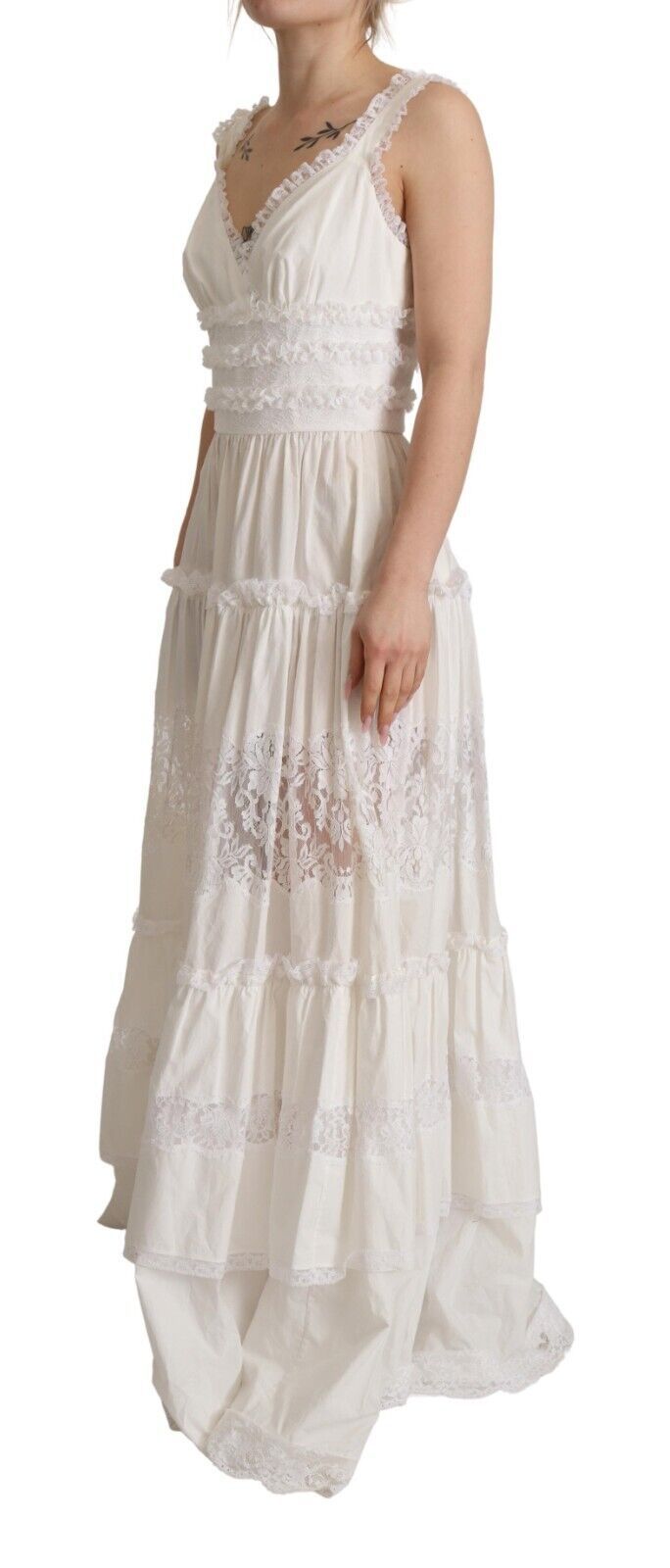 Dolce & Gabbana White Cotton Tiered Long Maxi A-line Dress | Regal Royce